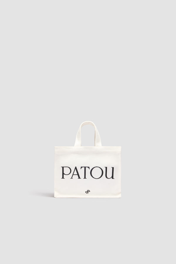 Patou - Tote Patou piccola in cotone - White - Borsa in cotone bianco. Logo Patou e monogramma JP ricamati. Tracolla con logo JP e due bottoni oro incisi Patou. Doppio manico. Può essere portata a mano o in spalla.