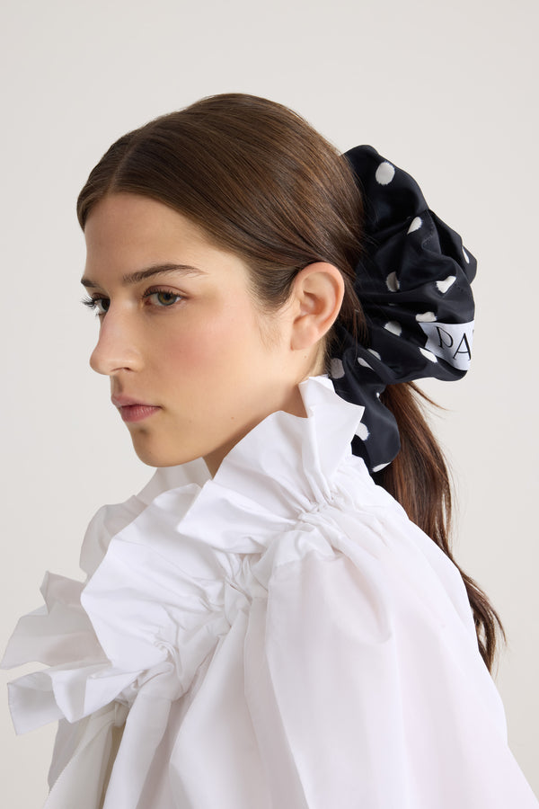 Patou - Recycled Faille Maxi Scrunchie - Meteorite Blue - Maxi scrunchie in navy blue recycled faille with white polka dots. Oversized model. Patou label. Hair accessory.