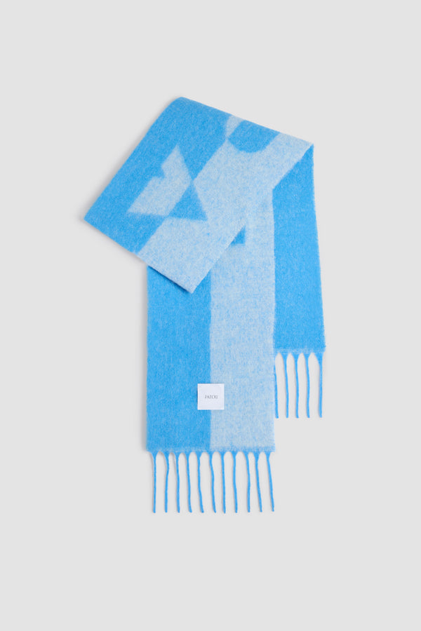 Patou - Sciarpa Patou in misto baby alpaca - Victoria Blue - Sciarpa in misto baby alpaca blu Victoria. Patou in stile Art Déco. Frange. Etichetta Patou quadrata.