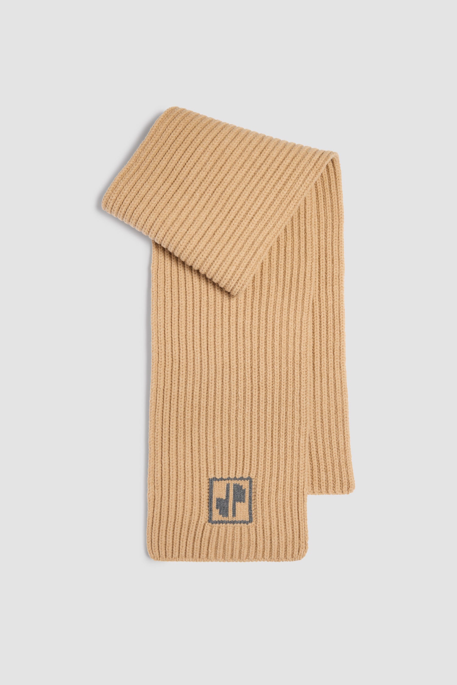 Patou - JP scarf in sustainable wool and cashmere - Biscuit - Biscuit beige sustainable wool and cashmere scarf. Rib knit. Contrast JP jacquard at the front.