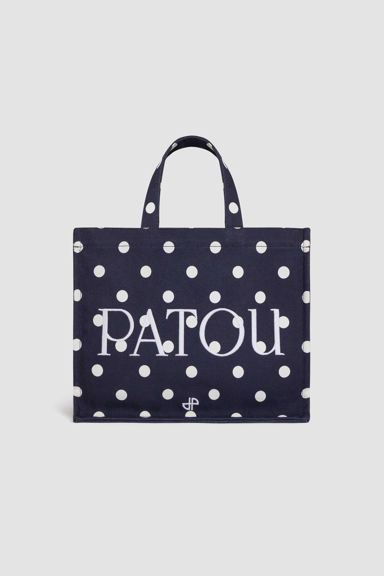 Patou - Borsa tote in cotone biologico - Night Blue Polka Dots - Borsa tote in cotone biologico blu navy a pois bianchi. Grande formato. Logo Patou ricamato bianco. Manici e tracolla.