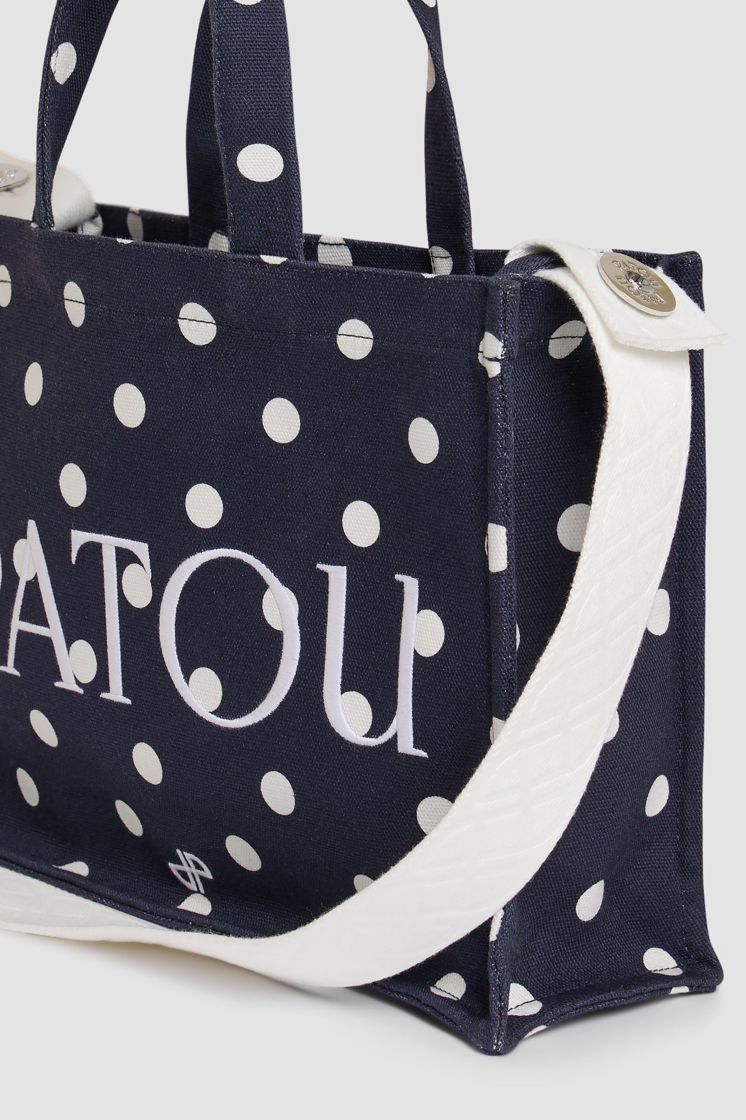 Patou - Borsa tote in cotone biologico - Night Blue Polka Dots - Borsa tote in cotone biologico blu navy a pois bianchi. Grande formato. Logo Patou ricamato bianco. Manici e tracolla.