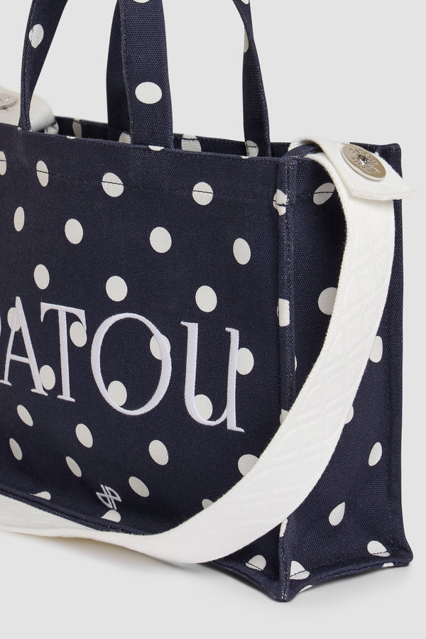 Patou - Borsa tote in cotone biologico - Night Blue Polka Dots - Borsa tote in cotone biologico blu navy a pois bianchi. Grande formato. Logo Patou ricamato bianco. Manici e tracolla.