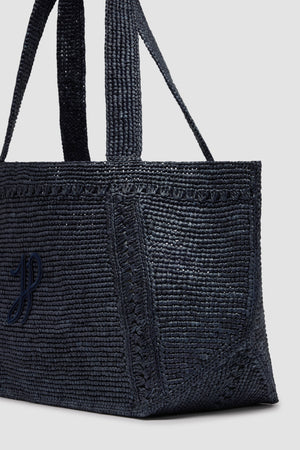 Tote a trapezio grande con monogramma JP in rafia