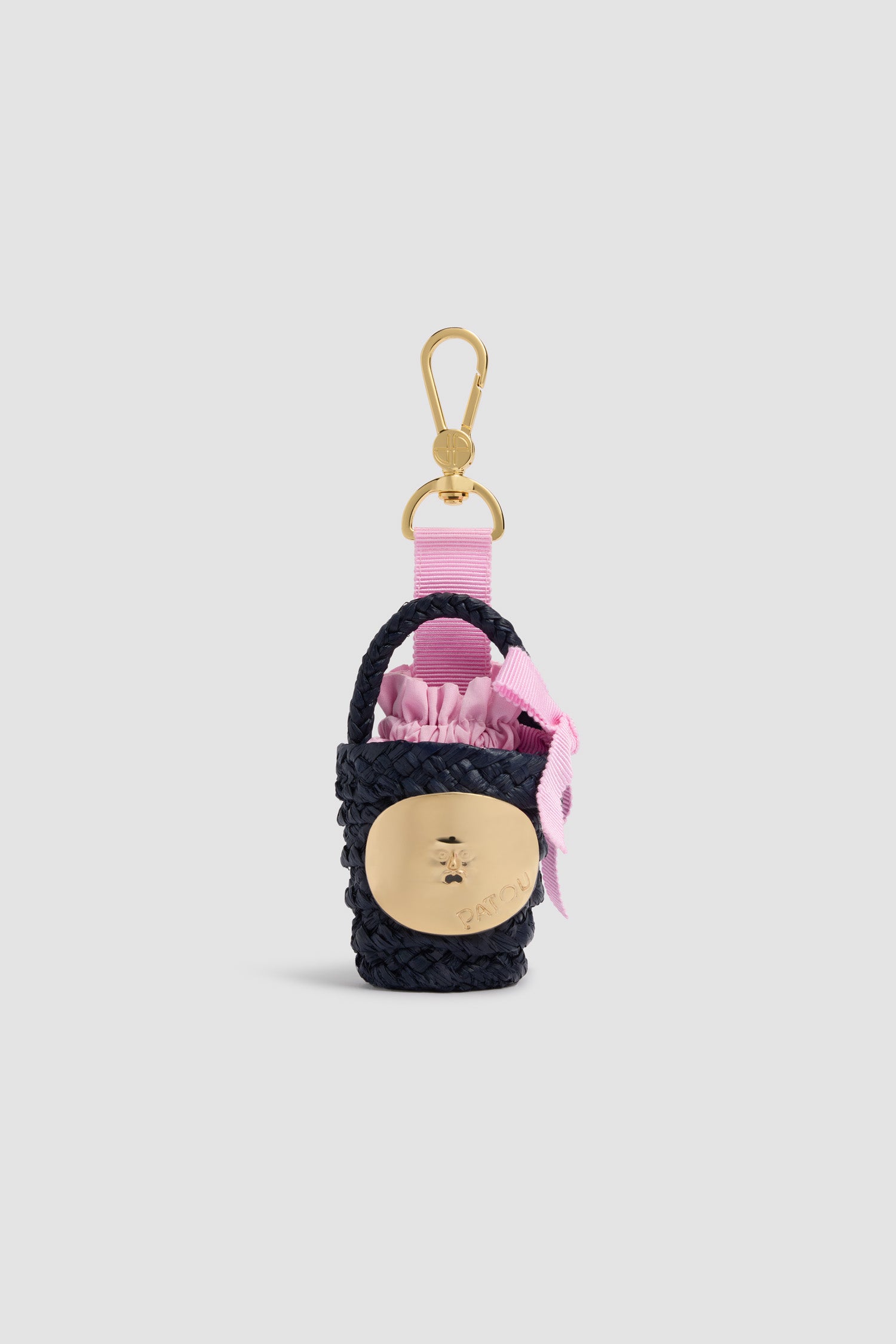 Patou - Raffia GG Bucket Bag Charm - Deep Sea Blue - Navy blue bucket bag shaped charm. Raffia material. Gold-plated Patou engraved medallion. Pink ribbon.