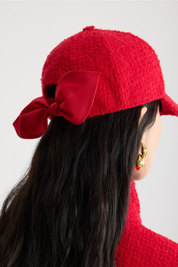Patou - Couture cap in sustainable wool blend tweed - Scarlet Red - Scarlet Red sustainable wool blend tweed cap. Textured finish. Embroidered JP monogram at the front. Polyester faille bow fastening at the back.