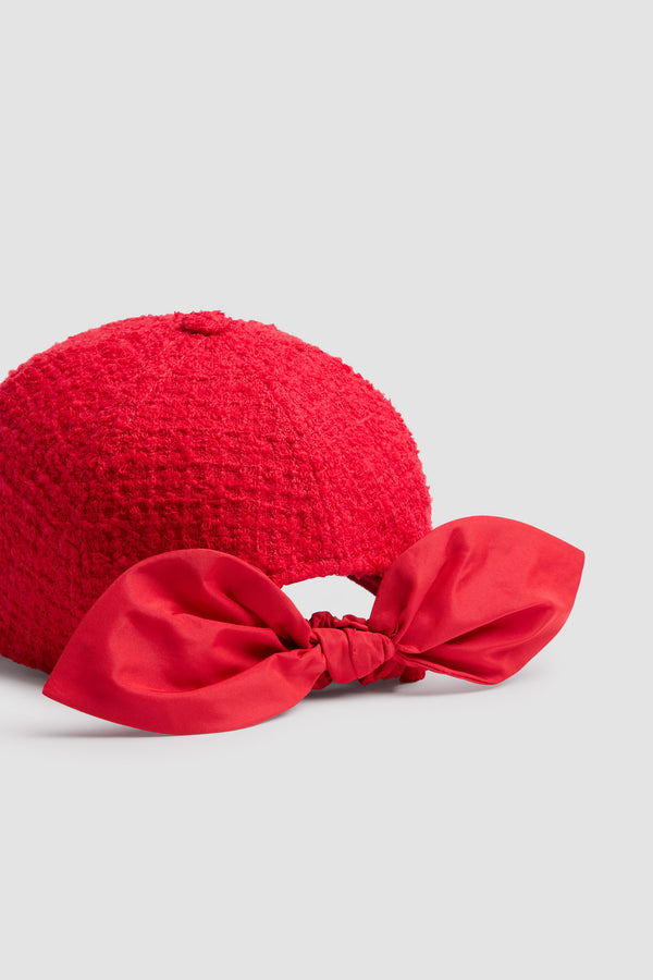 Patou - Couture cap in sustainable wool blend tweed - Scarlet Red - Scarlet Red sustainable wool blend tweed cap. Textured finish. Embroidered JP monogram at the front. Polyester faille bow fastening at the back.