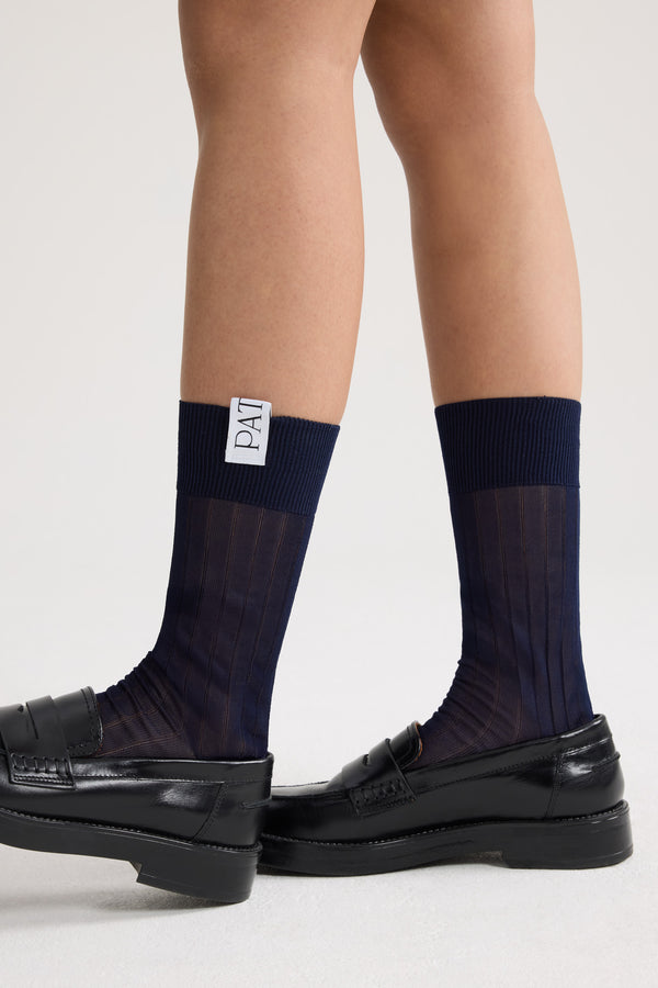 Patou - Blended Viscose Mid-Calf Socks - Deep Sea Blue - Dark blue blended viscose mid-calf socks. Ribbed knit. Sheer. Patou label on the cuff.