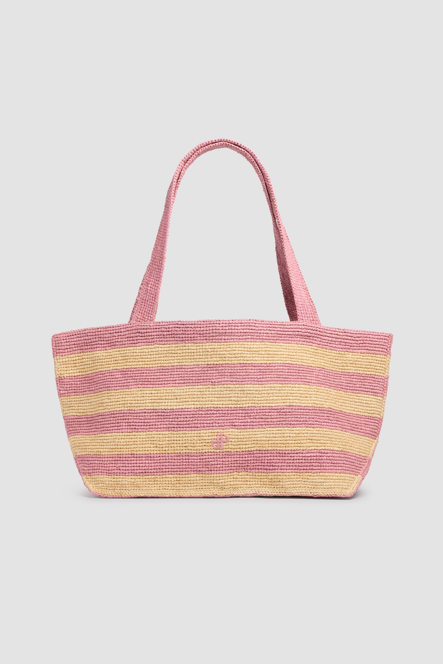Patou - Large Raffia Trapeze Tote Bag - Bougainvillea Stripes - Large pink and yellow striped tote bag. Raffia material. Pink handles.