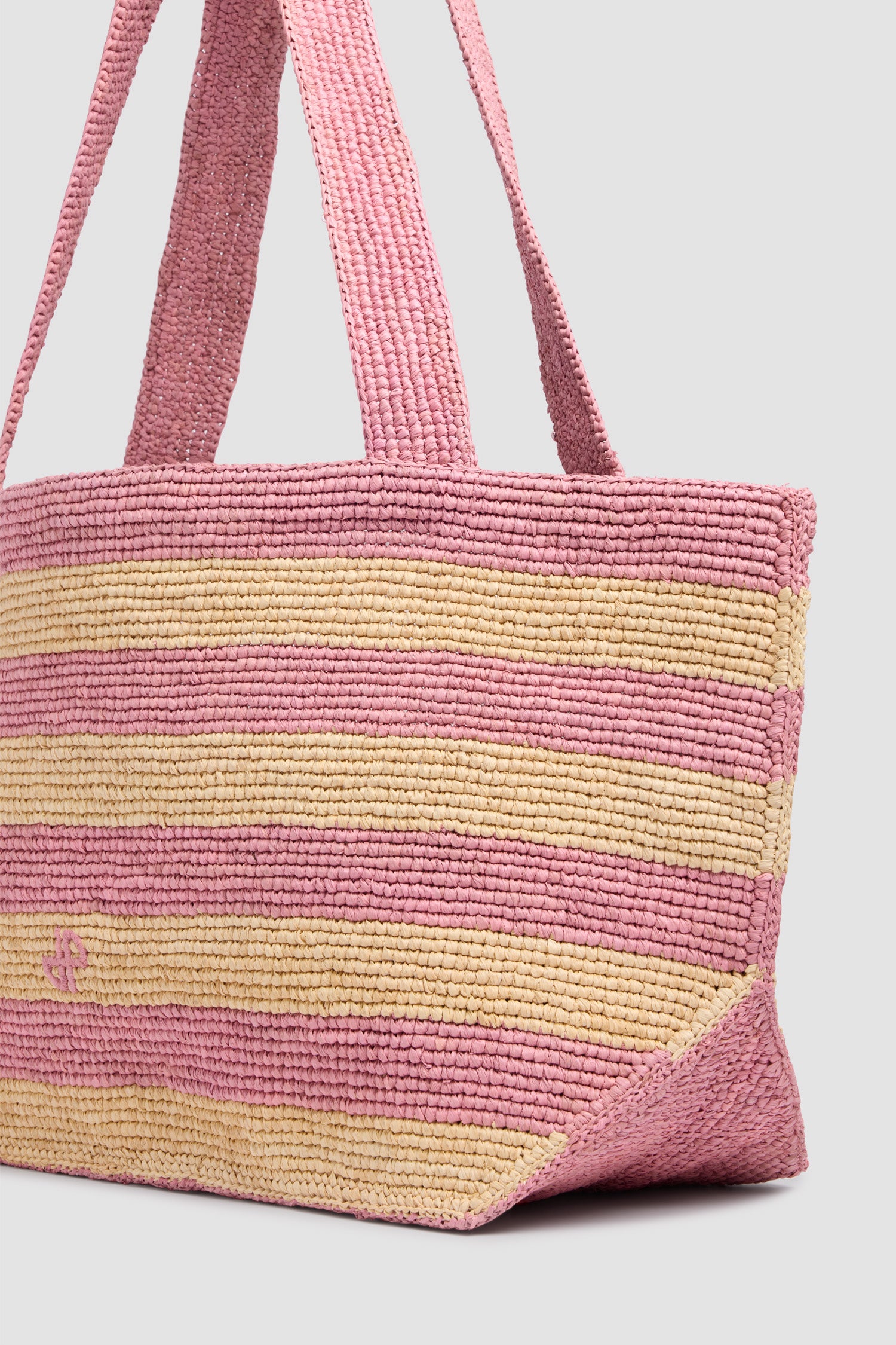 Patou - Large Raffia Trapeze Tote Bag - Bougainvillea Stripes - Large pink and yellow striped tote bag. Raffia material. Pink handles.