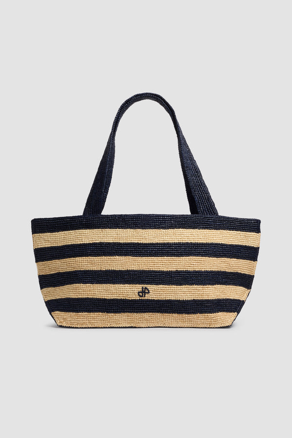 Patou - Borsa Shopping a Trapezio GM in Rafia - Offshore Stripes - Borsa shopping grande a righe blu navy e beige. Materiale in rafia. Manici blu navy. Logo JP ricamato.
