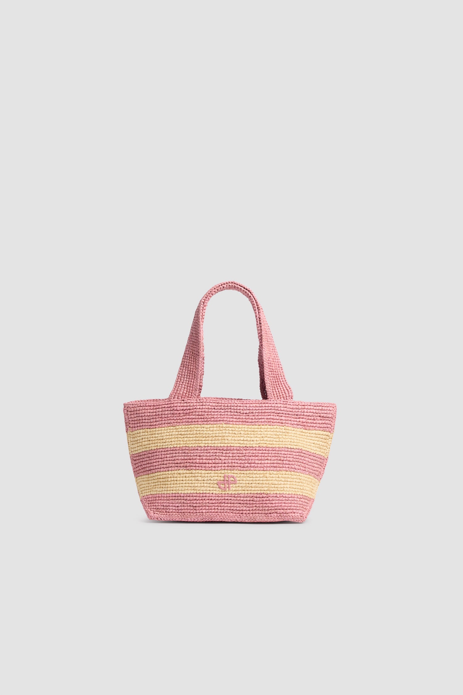 Patou - Borsa Shopping a Trapezio PM in Rafia - Bougainvillea Stripes - Borsa shopping piccola a righe rosa e gialle. Materiale in rafia. Manici rosa.