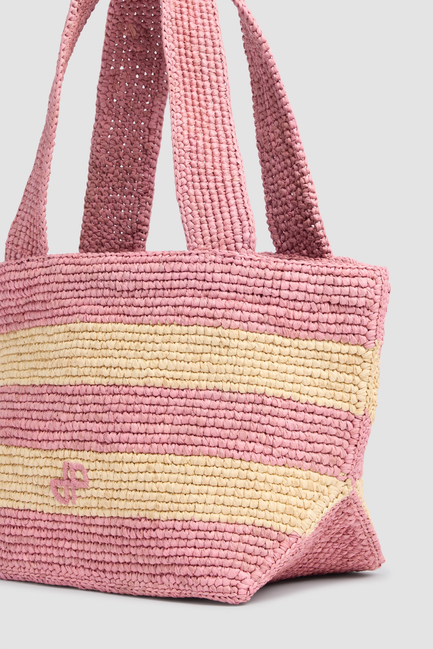 Patou - Borsa Shopping a Trapezio PM in Rafia - Bougainvillea Stripes - Borsa shopping piccola a righe rosa e gialle. Materiale in rafia. Manici rosa.
