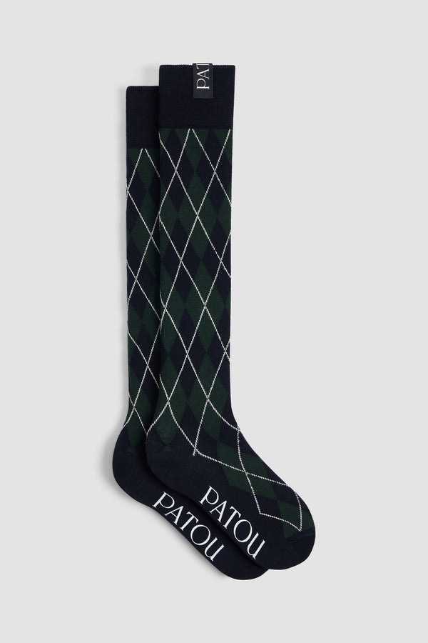 Patou - High socks in blended cotton - Night Blue - Navy blue blended cotton socks. Diamond pattern. Fine knit. Patou logo under the foot.