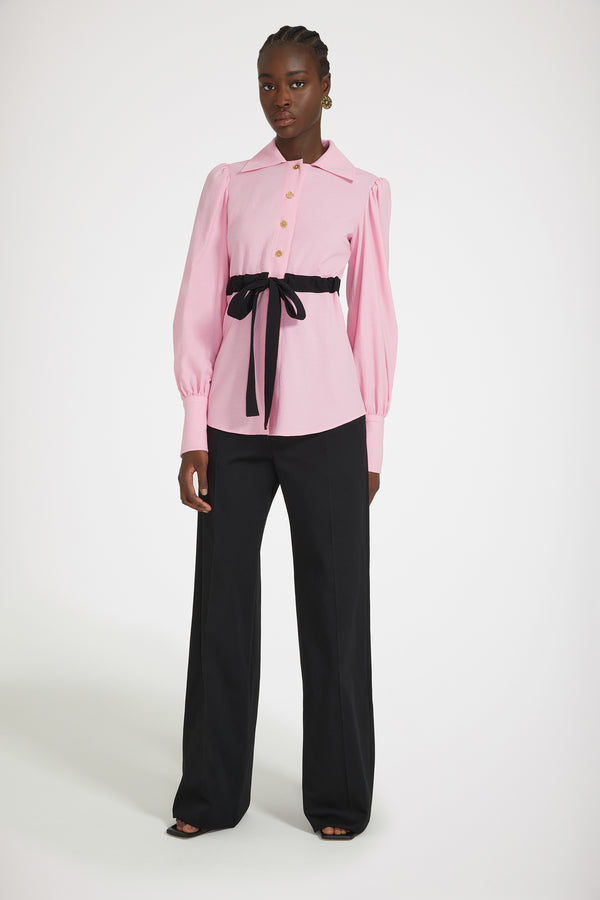 Patou - Puff sleeve bow blouse in seersucker