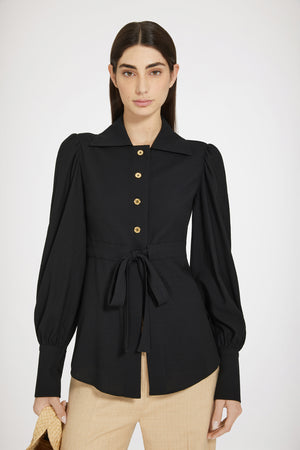 Puff sleeve bow blouse in seersucker