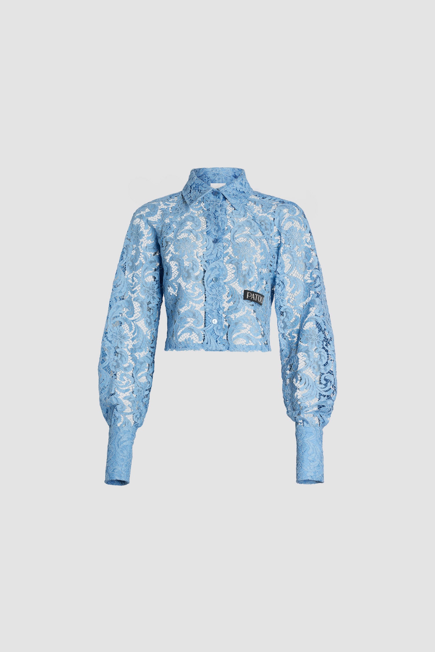 Patou - Cropped shirt in organic cotton blend lace - Airy Blue - Airy Blue organic cotton and sustainable viscose blend lace shirt. Cropped length. Shirt collar. JP-engraved mother-of-pearl buttons. Patou label at the front. Raglan sleeves. Buttoned cuffs.