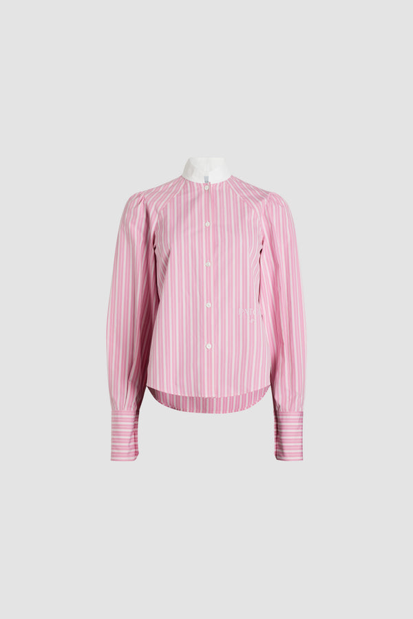 Patou - Lavallière blouse in printed sustainable cotton - Pink Stripes - Pink sustainable cotton blouse. Striped pattern. Contrast collar with removable lavallière bow. JP-engraved mother-of-pearl buttons. Volume raglan sleeves with puff shoulders and buttoned French cuffs. Embroidered Patou and JP at the front.