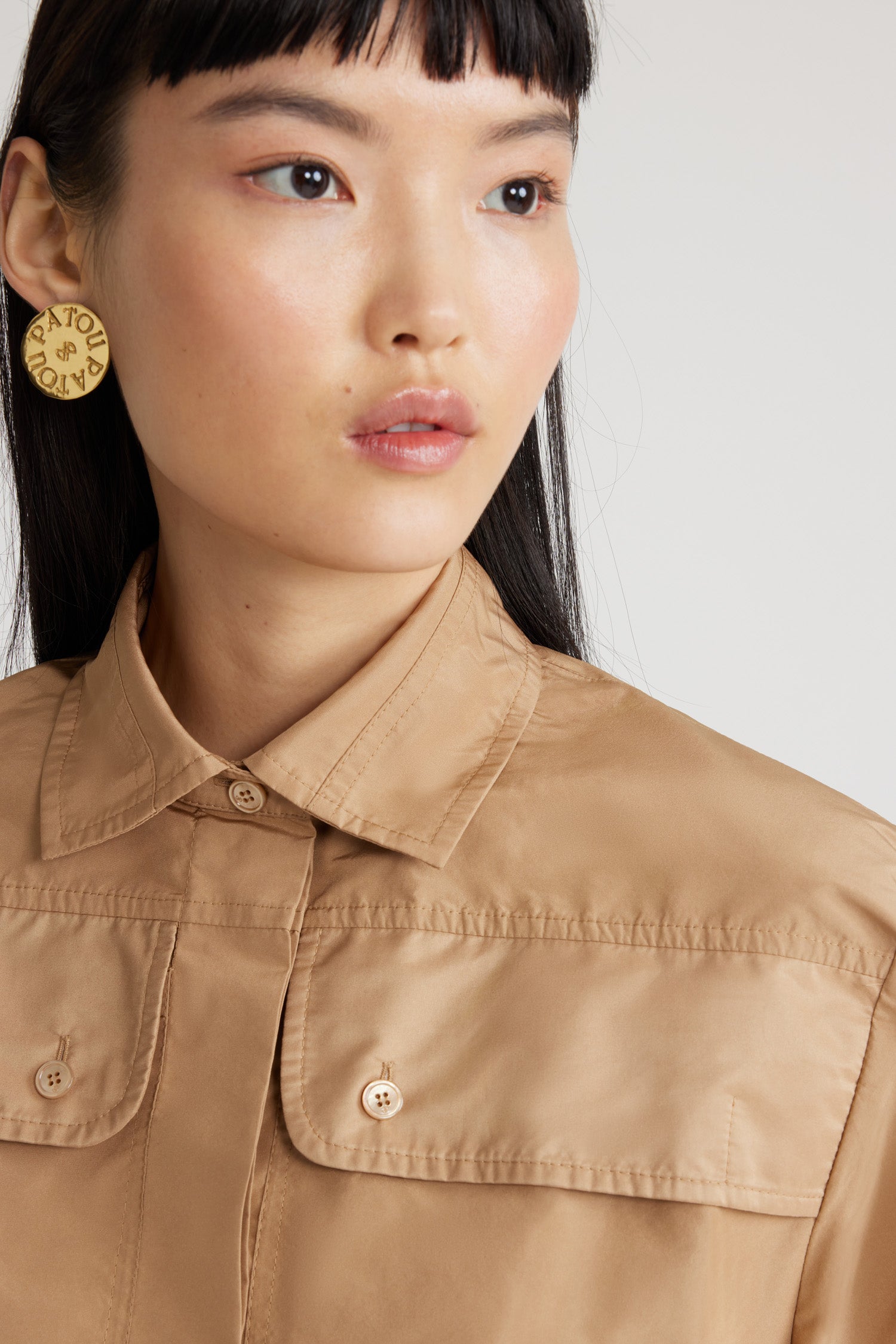 Patou - Safari shirt in recycled faille - Gray Sand - Sand recycled polyester faille shirt. Straight silhouette. Shirt collar. Concealed JP-engraved mother-of-pearl buttons. High chest flap pockets. Buttoned French cuffs.