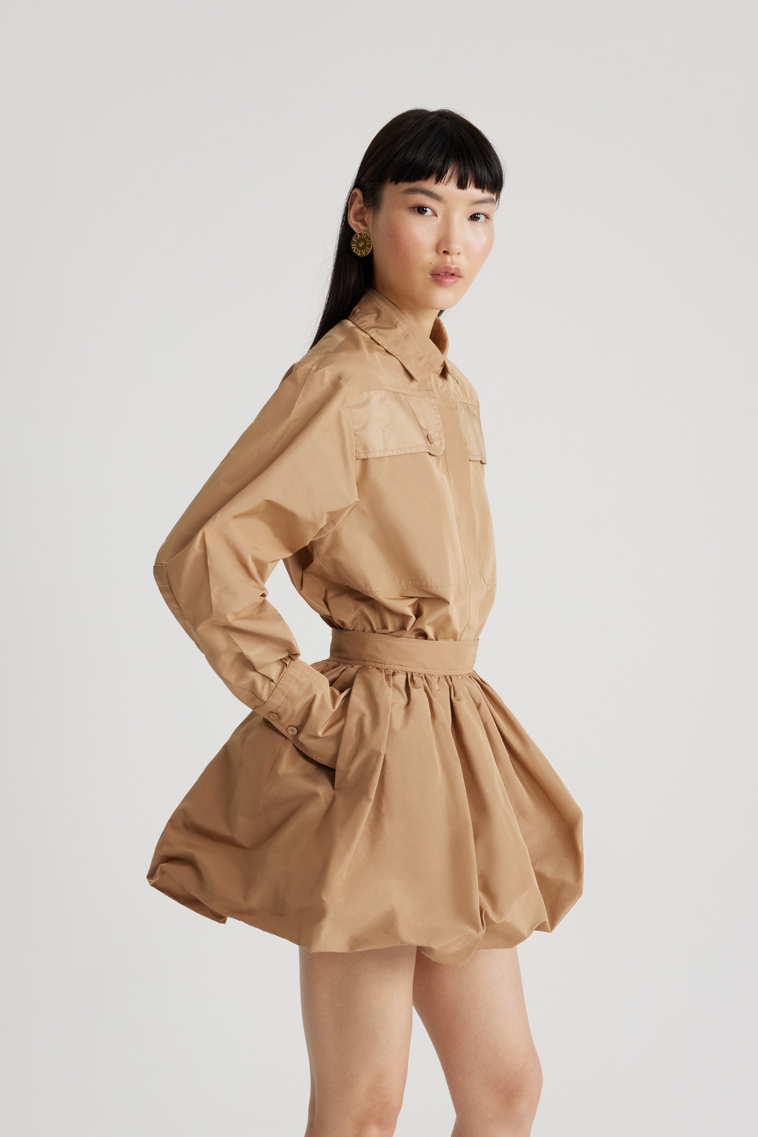 Patou - Safari shirt in recycled faille - Gray Sand - Sand recycled polyester faille shirt. Straight silhouette. Shirt collar. Concealed JP-engraved mother-of-pearl buttons. High chest flap pockets. Buttoned French cuffs.