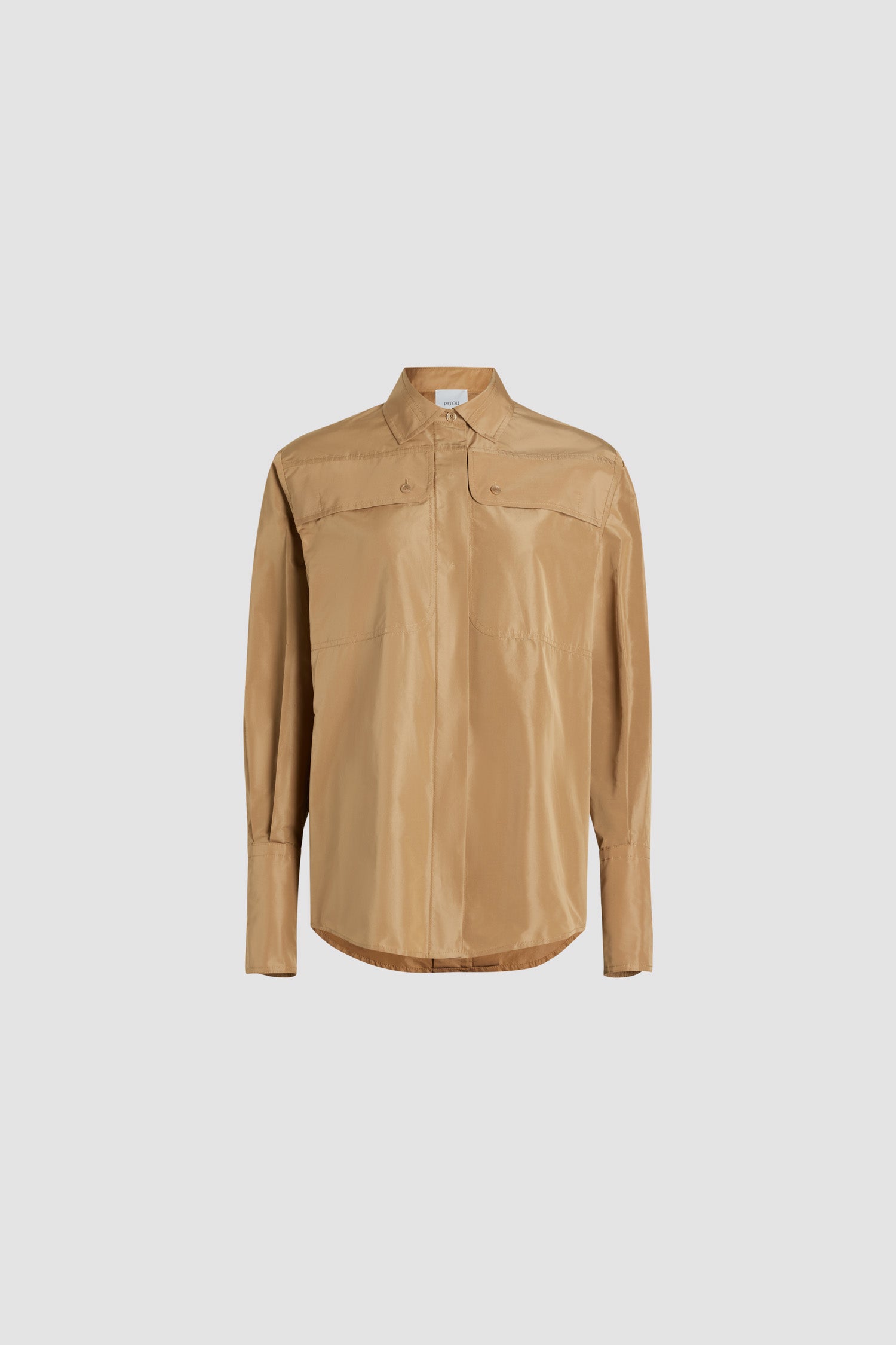 Patou - Safari shirt in recycled faille - Gray Sand - Sand recycled polyester faille shirt. Straight silhouette. Shirt collar. Concealed JP-engraved mother-of-pearl buttons. High chest flap pockets. Buttoned French cuffs.