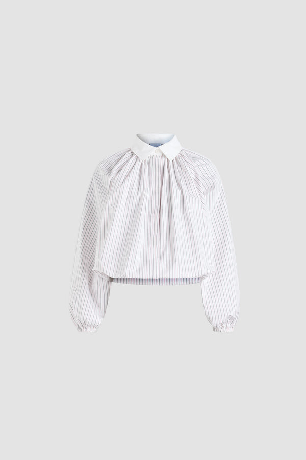 Patou - Bubble blouse in printed organic cotton poplin - Pink Pearl Stripes - Pink Pearl organic cotton blouse. Striped pattern. Volume silhouette. Slightly cropped length. Classic contrast collar. Concealed button front fastening. Balloon sleeves with elasticated cuffs. Bubble hem.