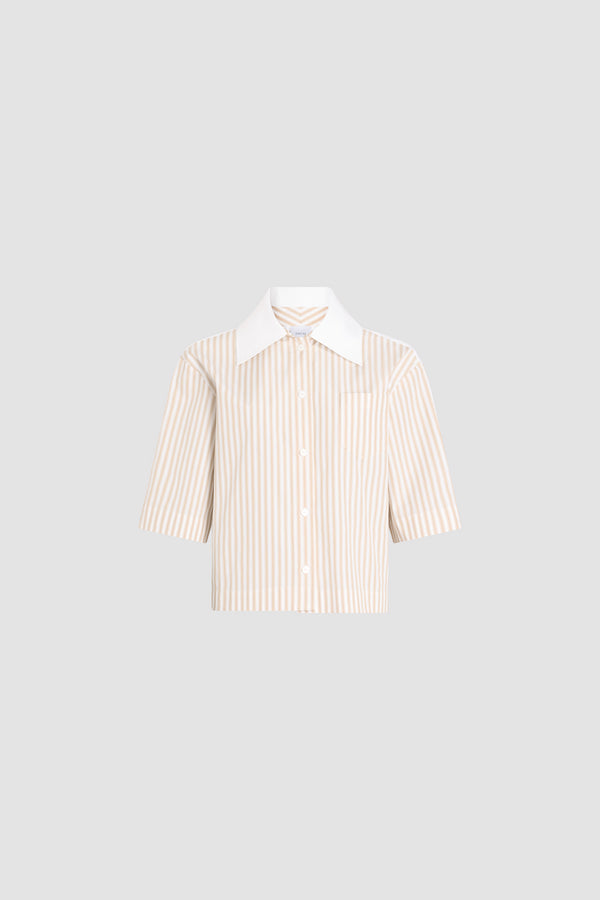 Patou - オーガニックコットン 半袖 コントラストシャツ - Dolce Coffee Stripes - ベージュ＆ホワイトカラーのストライプ入り 半袖シャツ。オーガニックコットン素材。コントラストホワイトのカラー。