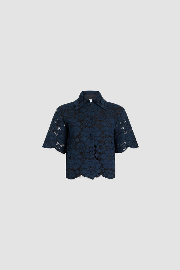 Patou - Camicia a maniche corte in misto cotone eco-responsabile - Deep Sea Blue - Camicia a maniche corte in misto cotone eco-responsabile blu navy. Ricamo floreale. Colletto classico. Taglio aderente.