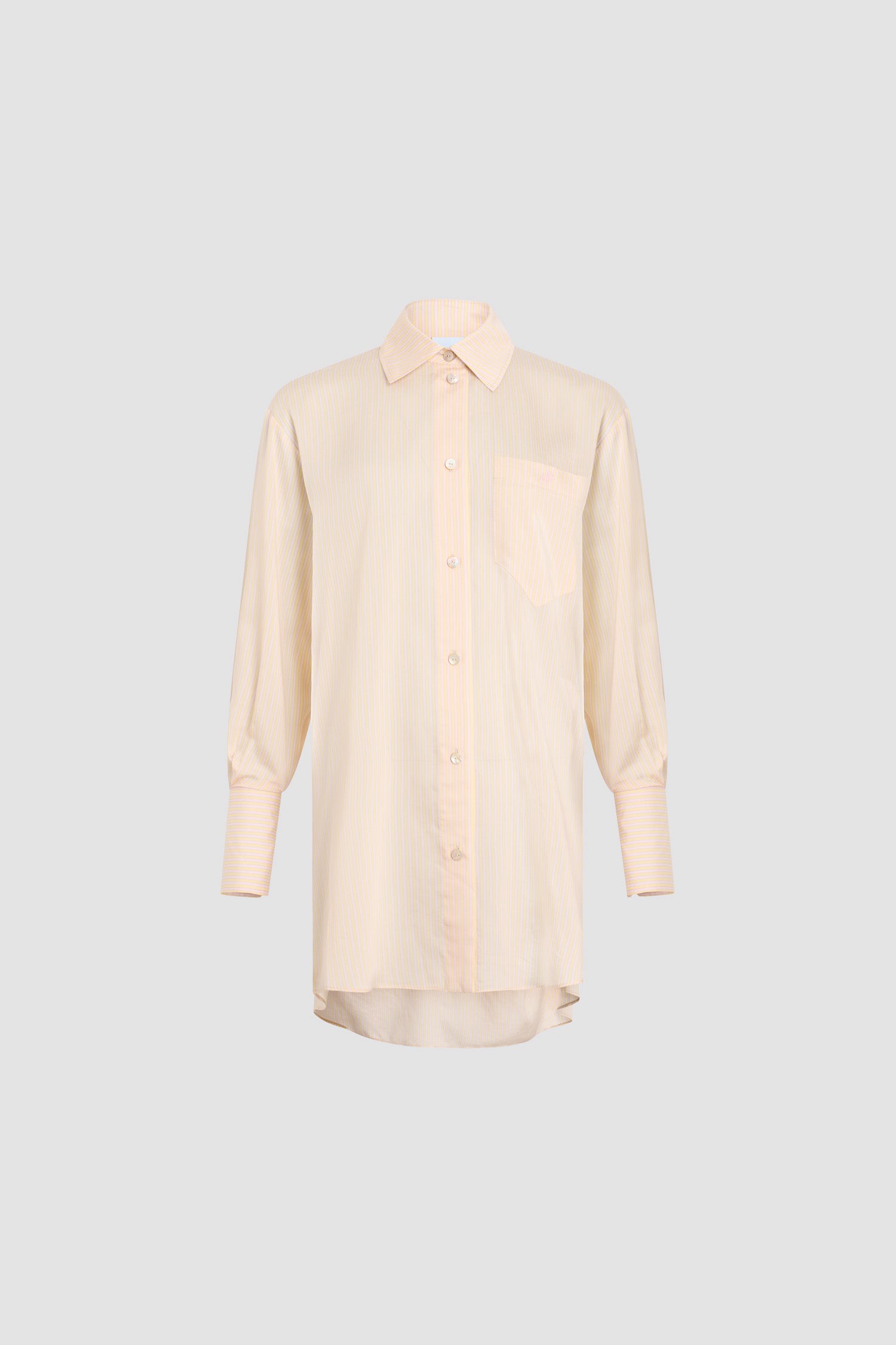 Patou - Camicia da spiaggia oversize in seta mista - Shell Beach Stripes - Camicia beige albicocca, a righe gialle e rosa. Maniche lunghe.Questo capo fa parte della Capsule &amp;quot;Patou Plage&amp;quot;, ideata da Guillaume Henry.