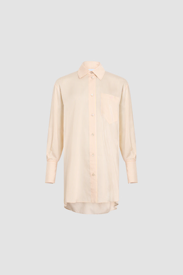 Patou - シルク混紡 オーバーサイズ ビーチシャツ - Shell Beach Stripes - アプリコットベージュカラーのシャツ、イエロー＆ピンクカラーのストライプ入り。長袖。この作品は、ギヨーム・アンリがデザインした「Patou Plage」カプセルコレクションからのもので。