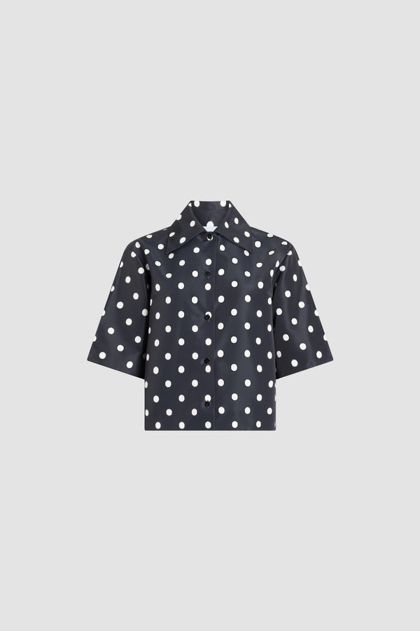 Patou - Recycled Faille Short-Sleeved Blouse - Meteorite Blue - Navy blue short-sleeved blouse with white polka dots. Shirt collar. Straight cut.
