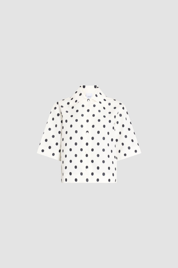 Patou - Recycled Faille Short-Sleeved Blouse - Cloud Dancer - White short-sleeved blouse with black polka dots. Shirt collar. Straight cut.