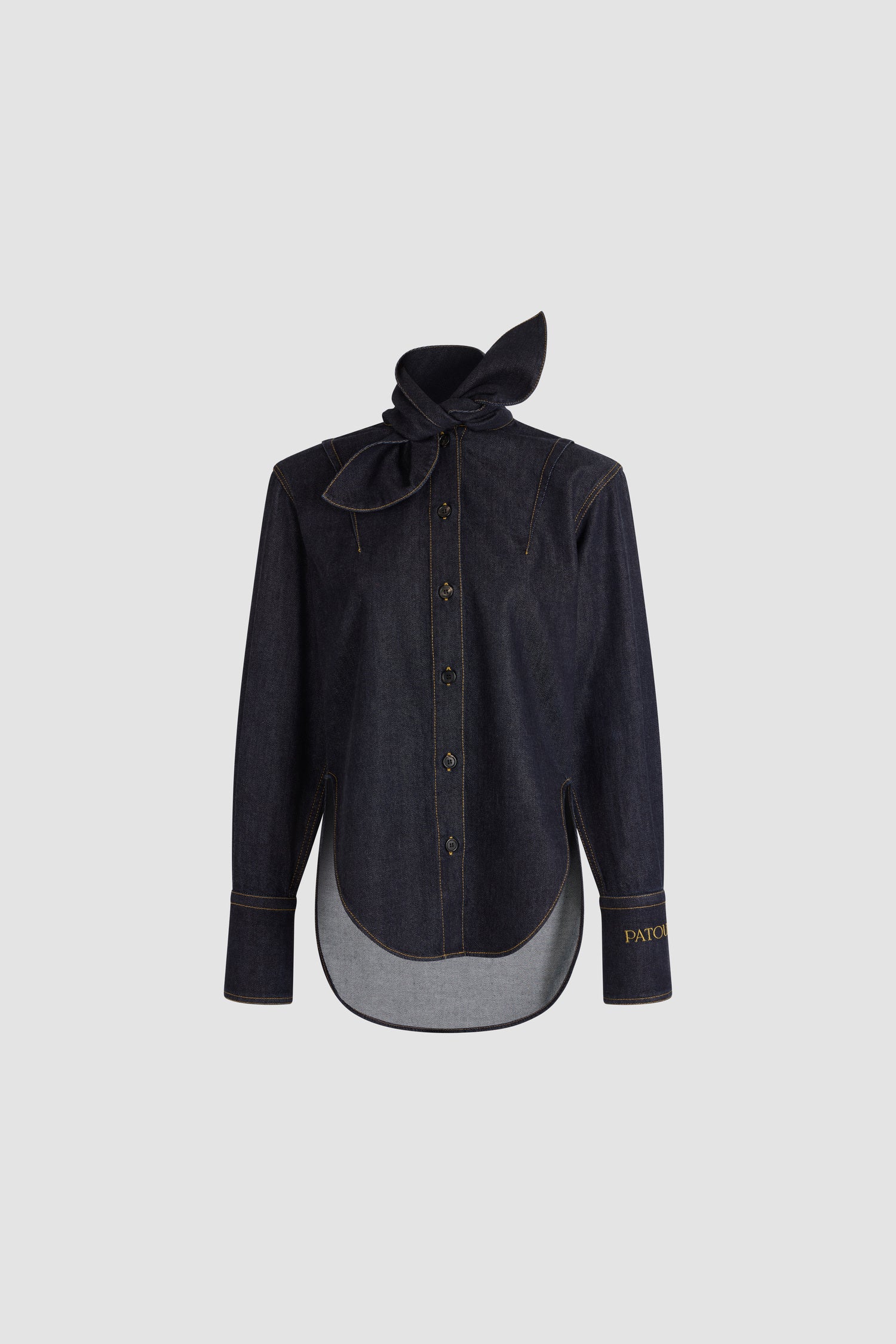 Patou - Tied-collar shirt in cotton denim - Blue Mountain Rodeo - Navy blue blended cotton denim shirt. Long sleeves. Button fastening. Large panel forming a tied collar on the side.