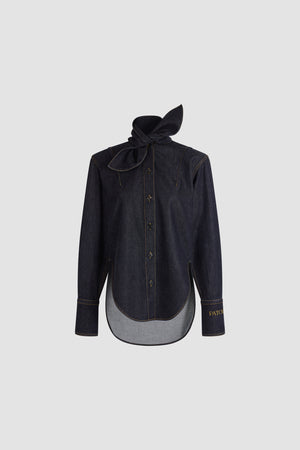 Tied-collar shirt in cotton denim