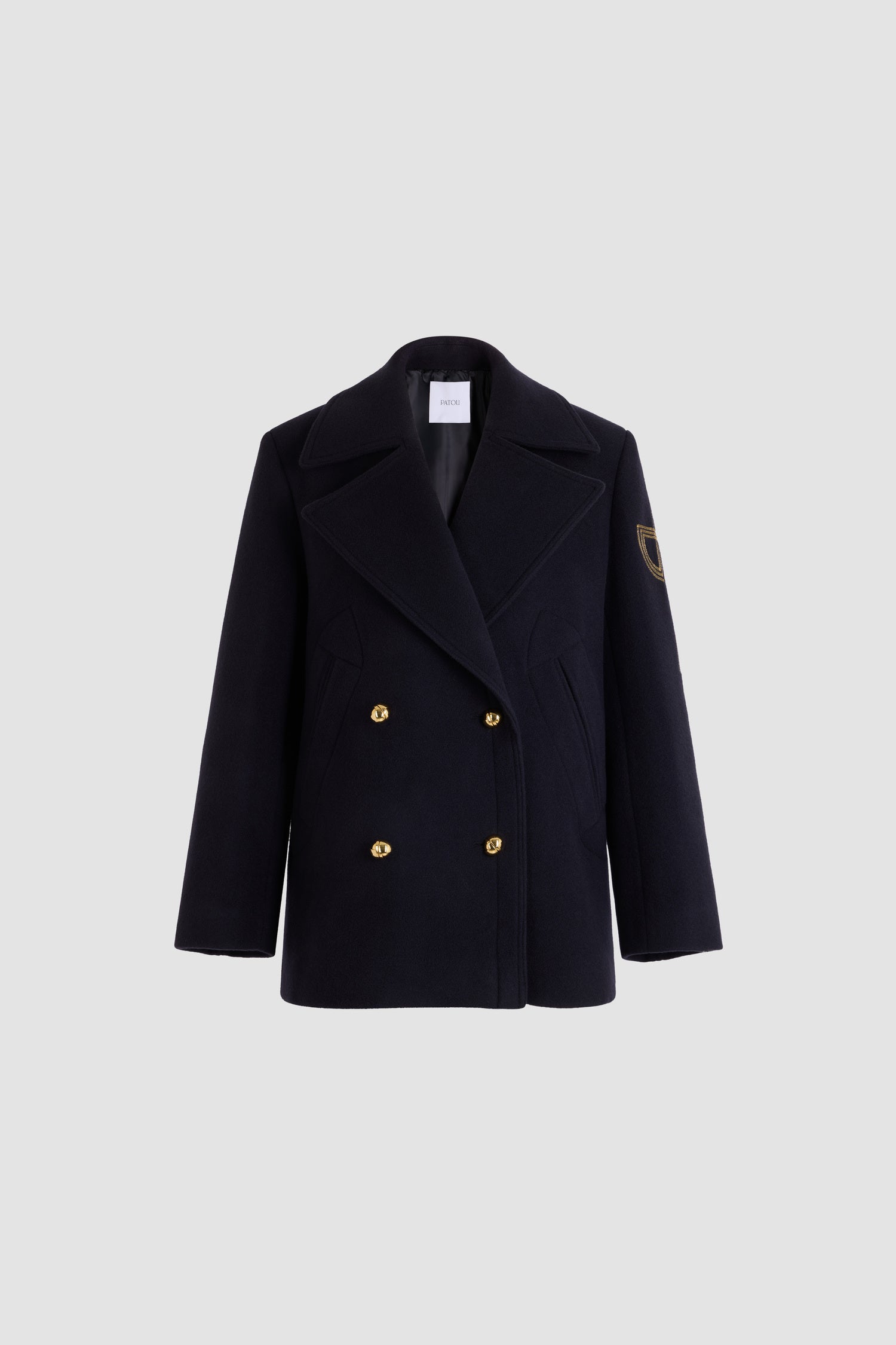 Patou - Peacoat in wool - Midnight Blue - Navy blue wool peacoat. Double-breasted. Tailored collar. Gold buttons. Short, structured fit.