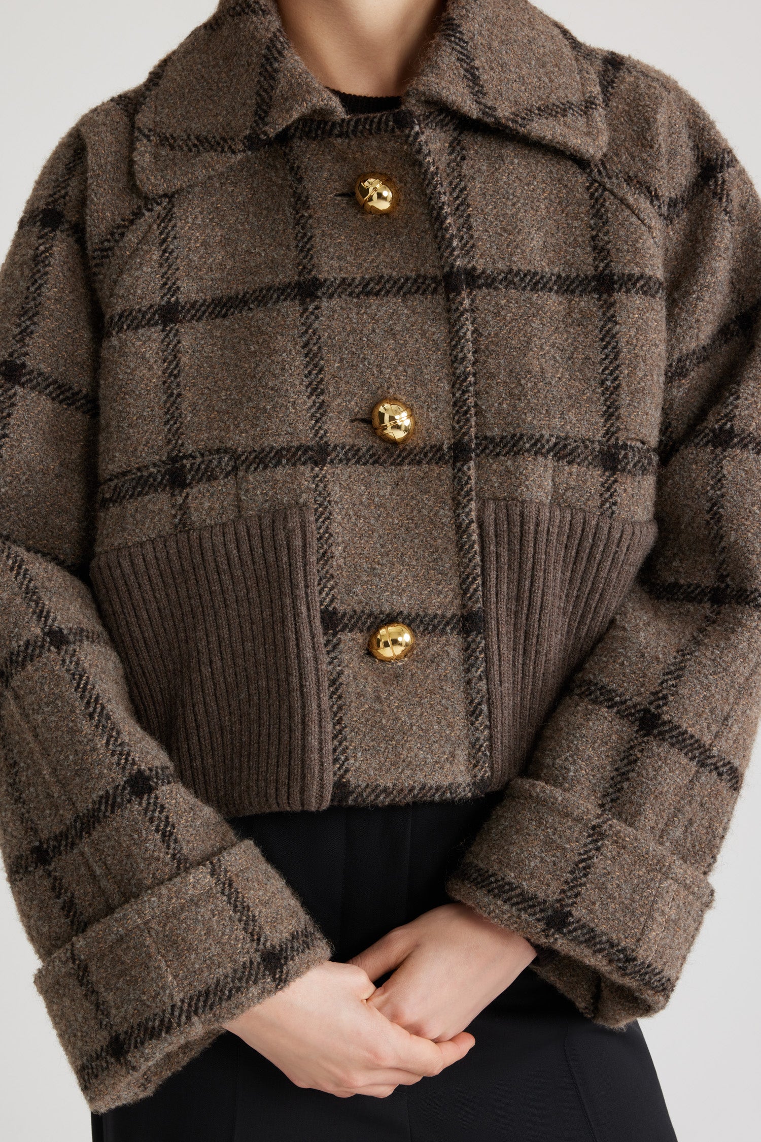 Patou - Rib waist cropped coat in recycled wool blend - Gray Checkerboard - Grey recycled wool blend coat. Check pattern. Cropped length. Wide collar. Raglan sleeves. Gold-tone half-sphere JP buttons. Wide rib knit hem. Turn-up cuffs.This style is cropped and boxy.