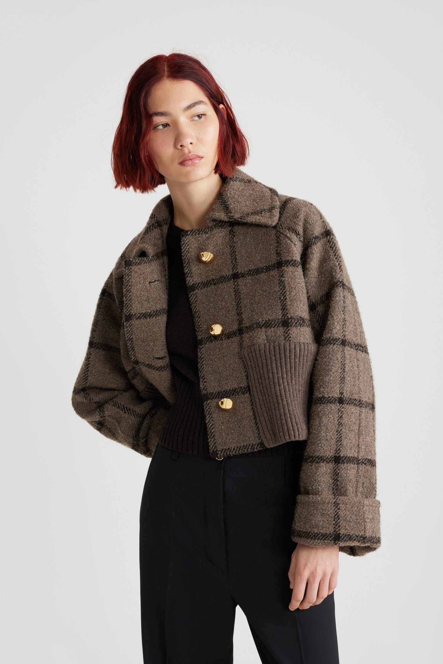 Patou - Rib waist cropped coat in recycled wool blend - Gray Checkerboard - Grey recycled wool blend coat. Check pattern. Cropped length. Wide collar. Raglan sleeves. Gold-tone half-sphere JP buttons. Wide rib knit hem. Turn-up cuffs.This style is cropped and boxy.