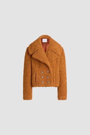 Cropped double-breasted coat in recycled faux fur