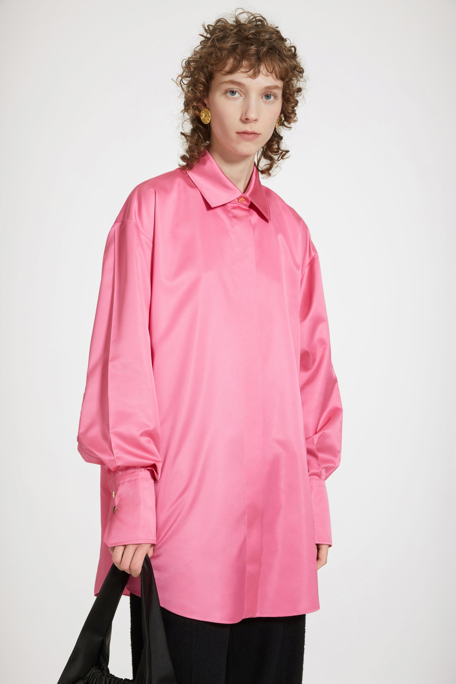 Patou - Mini shirt dress in eco-friendly satin - Hot Pink - Layered or on its own, a new shape to make your own.Hot Pink recycled polyester satin dress. Short length. Loose silhouette. Shirt collar. Gold-tone JP-engraved buttons. Concealed button fastening. Buttoned cuffs.Oversize style.