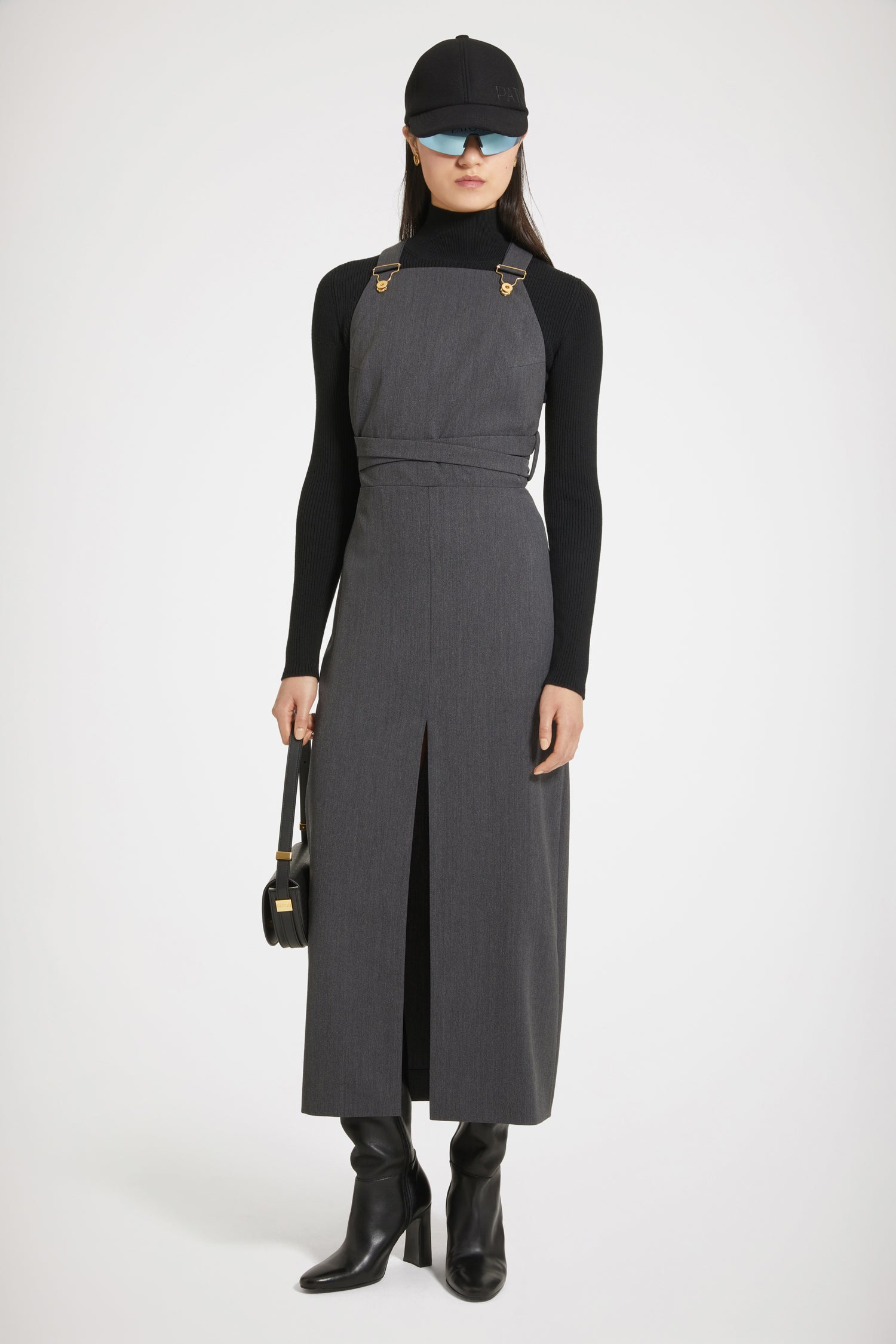 Patou - Dungaree midi dress in technical wool twill - Anthracite - From workwear classic to evening magic.Anthracite grey technical wool twill dress. Midi length. Fitted silhouette with a high slit at the front. Dungaree bodice with adjustable straps and gold-tone hardware. Adjustable back with cut-out detail. Belt that sits high at the waist.Skin-tight style. Tight fit at the waist.