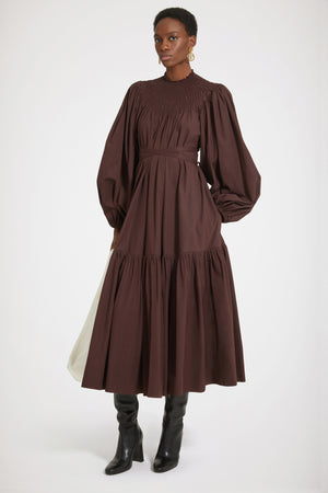 Vestito lungo con collo a nido d'ape in cotone bio