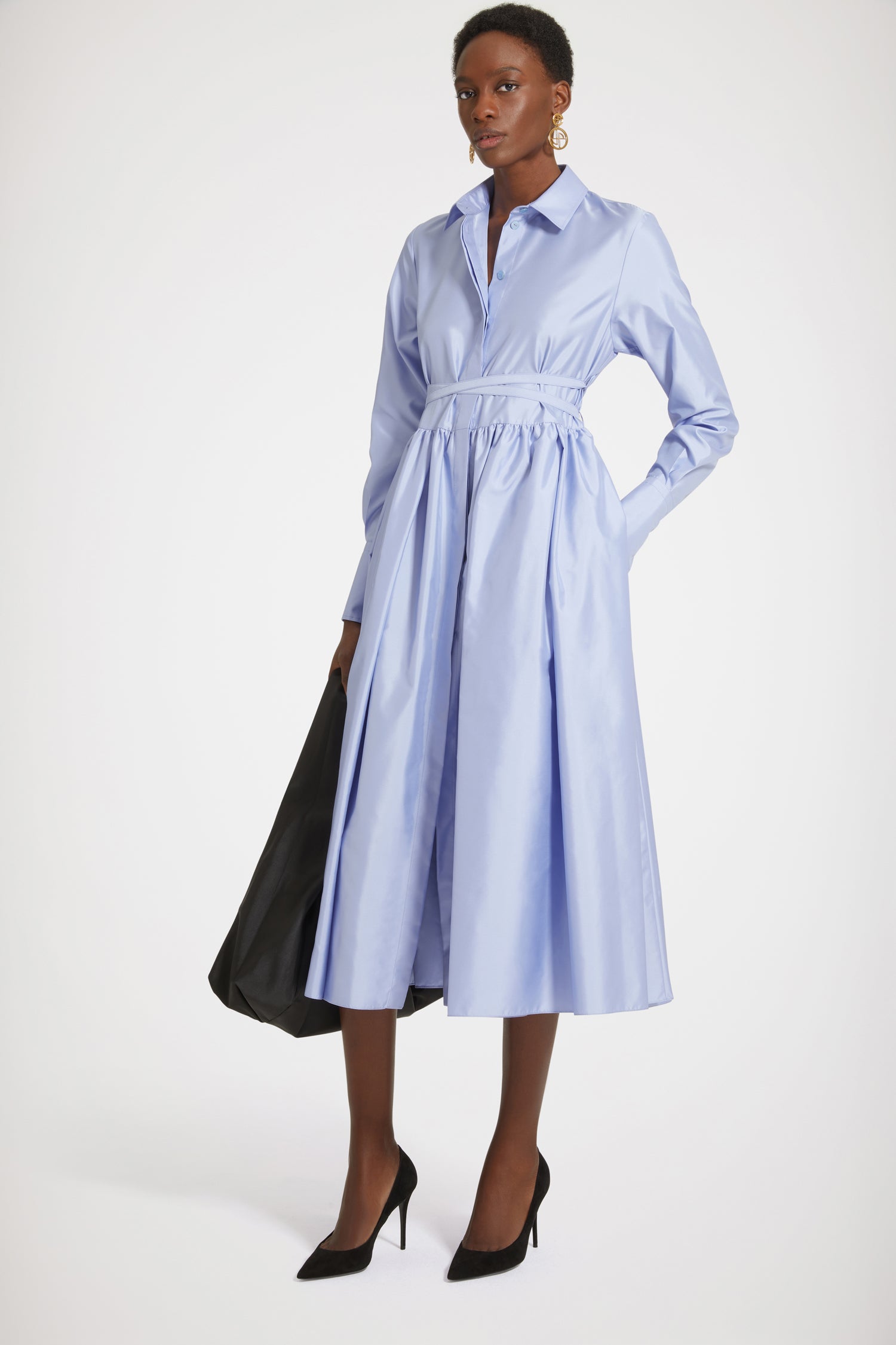 Patou - Midi shirt dress in eco-friendly satin - Alaska Blue - It&amp;#39;s midi o&amp;#39;clock!Alaska Blue recycled polyester satin dress. Midi length. Loose silhouette. Shirt collar. Concealed button fastening with JP-engraved buttons. Removable belt at the waist. Pockets at the sides. Gold-tone JP-engraved buttons at the cuffs.