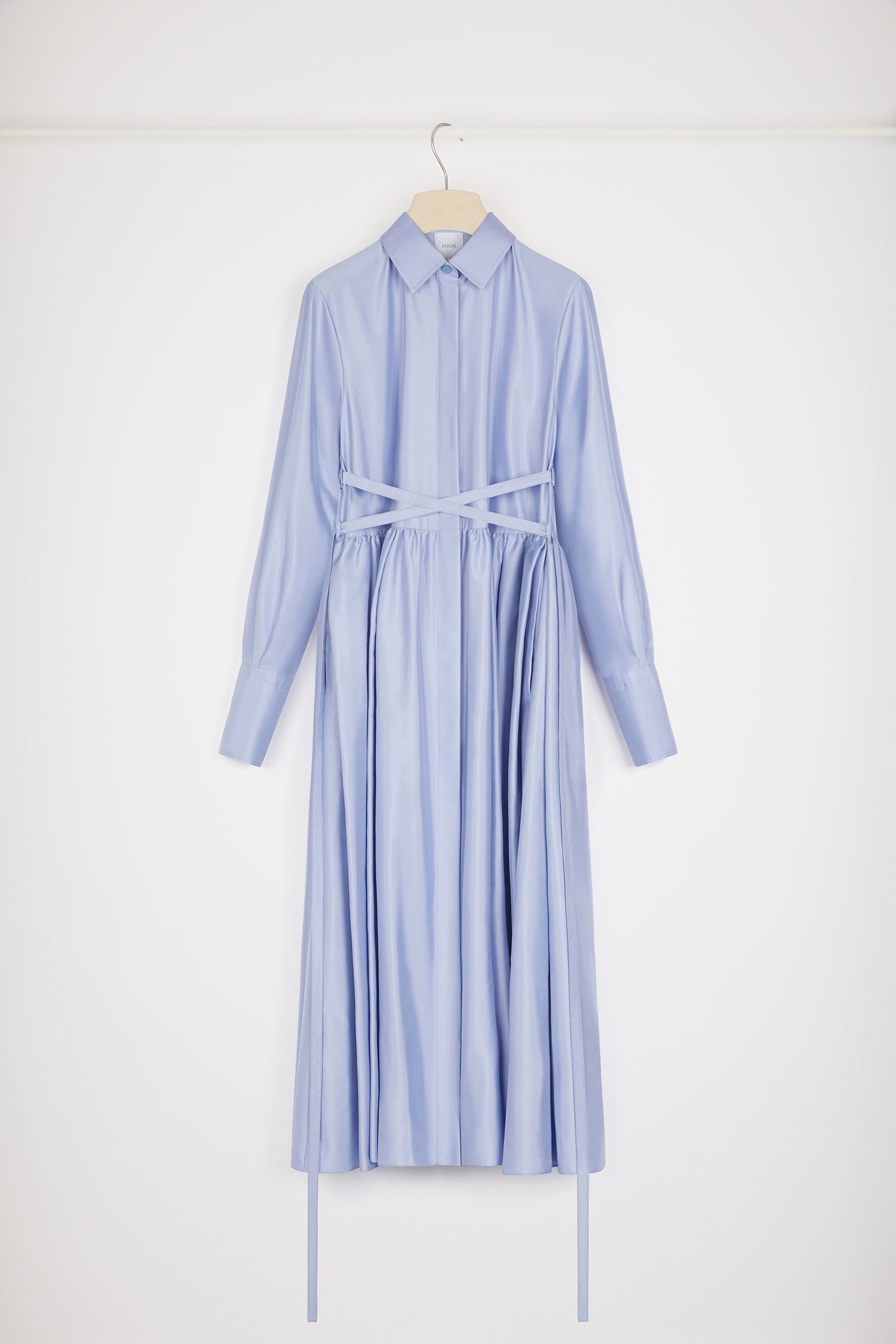 Patou - Midi shirt dress in eco-friendly satin - Alaska Blue - It&amp;#39;s midi o&amp;#39;clock!Alaska Blue recycled polyester satin dress. Midi length. Loose silhouette. Shirt collar. Concealed button fastening with JP-engraved buttons. Removable belt at the waist. Pockets at the sides. Gold-tone JP-engraved buttons at the cuffs.