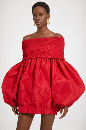 Off-the-shoulder smock mini dress in eco-friendly faille