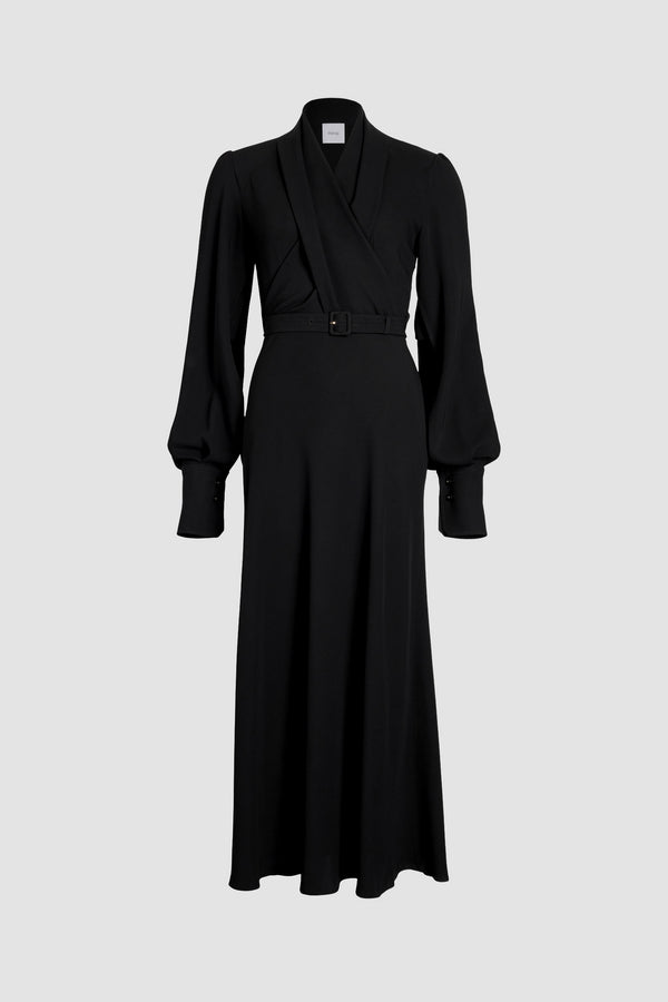 Patou - Wrap bodice maxi dress in sustainable crepe - Black - Black sustainable viscose crepe dress. Maxi length. V neckline. Draped wrap bodice. Puff shoulders. Split sleeves with buttoned cuffs that can be unfastened to create a cape silhouette. Adjustable belt at the waist. This style is fitted at the waist.