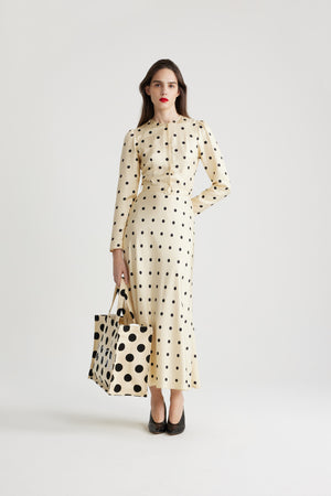Belted maxi dress in printed organic silk