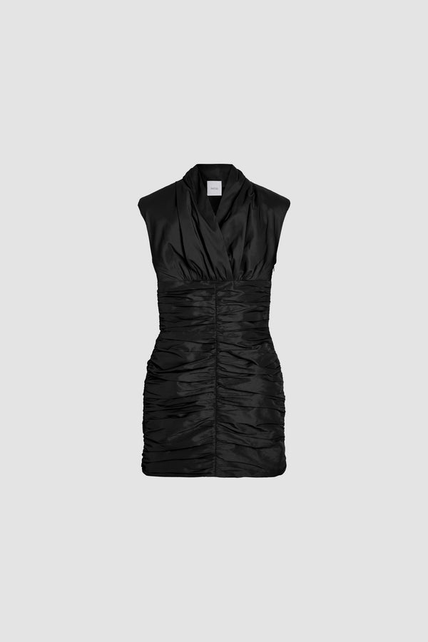 Patou - Vestito corto con schiena scoperta in faglia riciclata - Black - Vestito in faglia riciclata nera. Modello corto. Silhouette aderente e arricciata. Bustino incrociato sul fronte e sul retro con apertura sulla schiena. Chiusura con zip al lato.