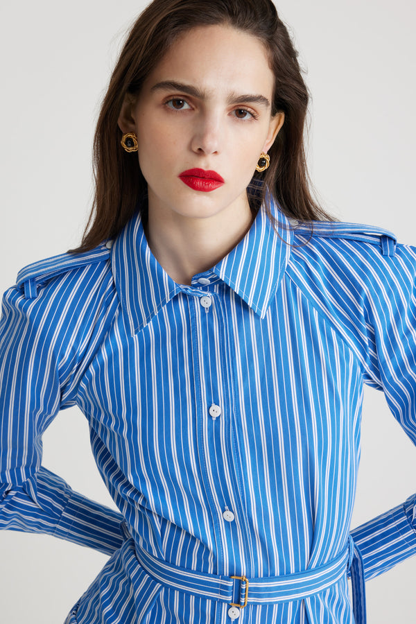 Patou - Robe chemise longue en coton imprimé éco-responsable - Victoria Blue Stripes - Robe en popeline de coton éco-responsable bleu Victoria. Motif rayures. Modèle long. Jupe volumineuse à étages. Col de chemise. Boutons en nacre gravés JP. Pattes d&#39;épaules. Manches raglan. Poignets boutonnés. Ceinture amovible à la taille avec boucle dorée.