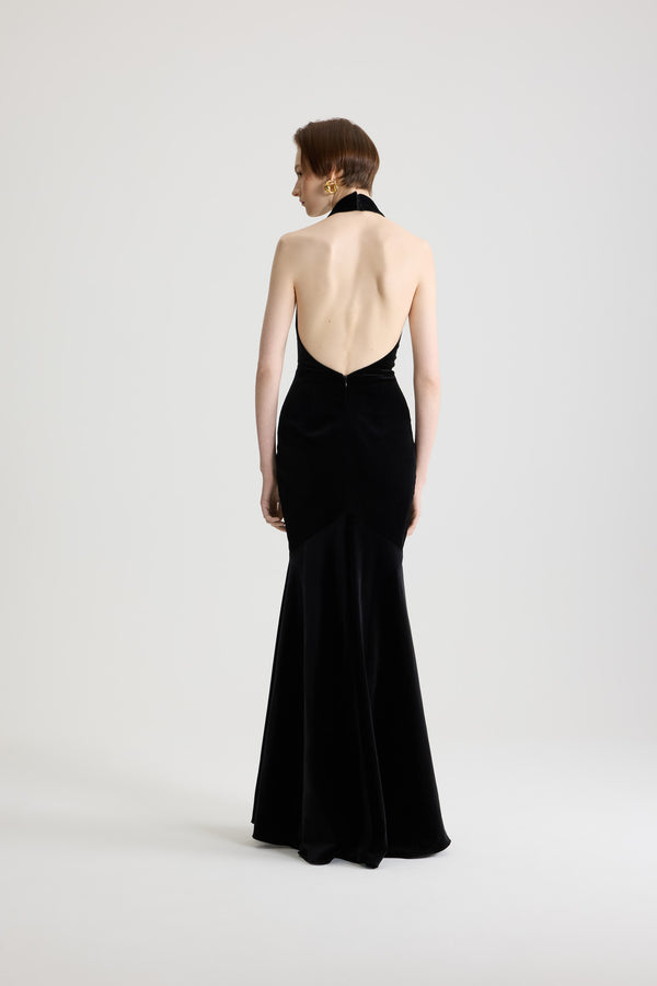 Patou - Long backless dress in blended organic cotton velvet - Black - Long black backless dress in blended organic cotton velvet, flared cut.This piece is from the &quot;Evening&quot; Capsule, designed by Guillaume Henry: to immortalize special occasions with style and refinement.