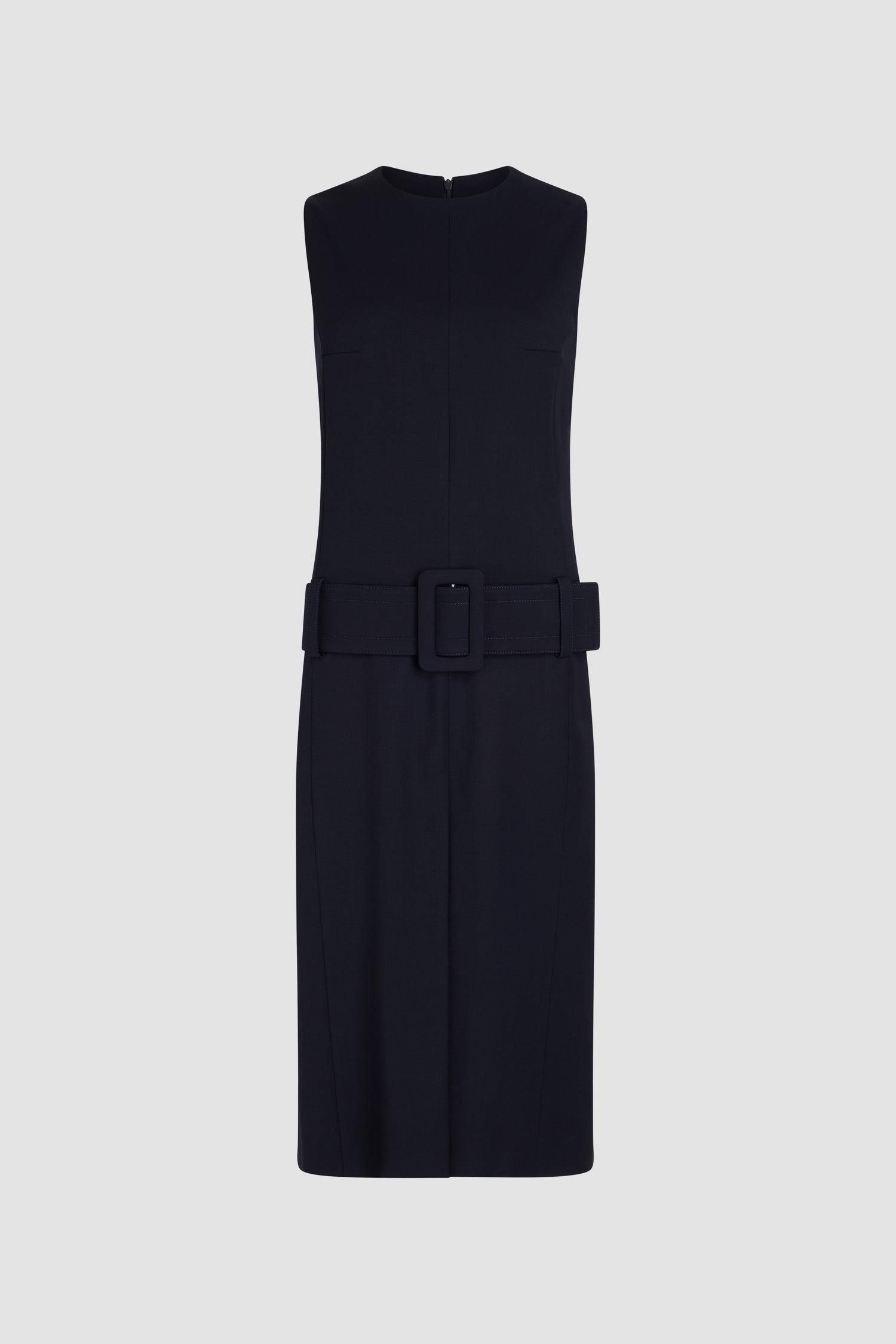 Patou - Vestito midi con cintura in lana tecnica ecosostenibile - Navy Black - Vestito in lana tecnica ecosostenibile blu nero. Lunghezza midi. Taglio dritto. Scollo tondo con zip sul retro. Modello smanicato. Cintura larga da indossare sui fianchi. Spacco sul davanti. Modello foderato.